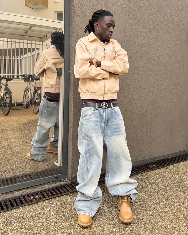 TENUE VESTE CUIR + JEAN BAGGY